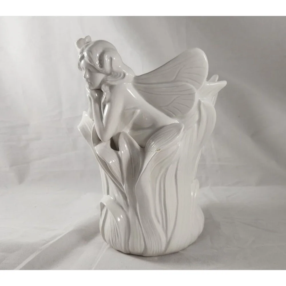 Vtg Fitz and Floyd White Bisque Porcelain Fairy Planter or Vase 8.5